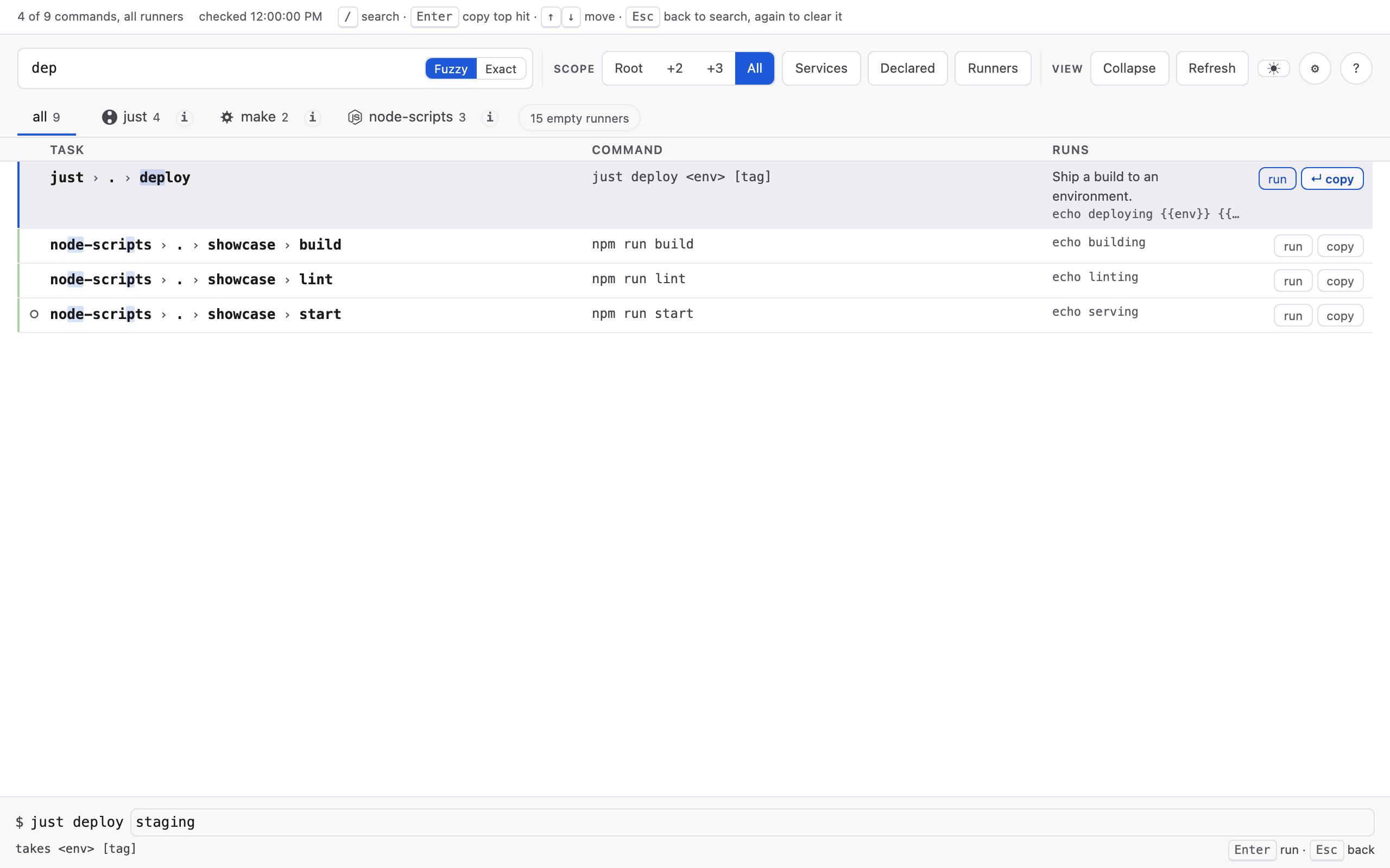 The run bar open beneath the task list, showing the command just deploy with staging typed after it and the parameters it takes named underneath