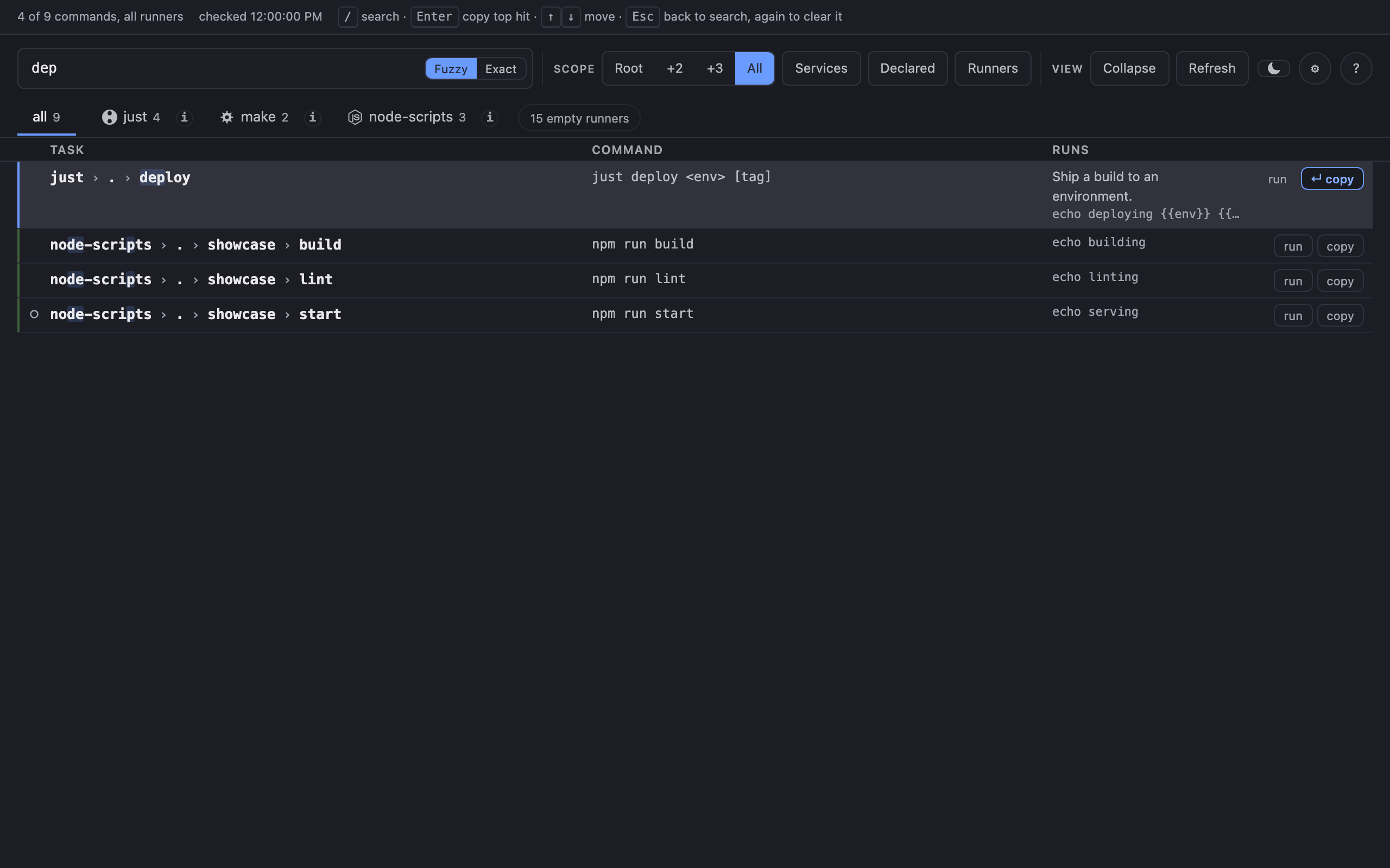 The same narrowed list in dark mode