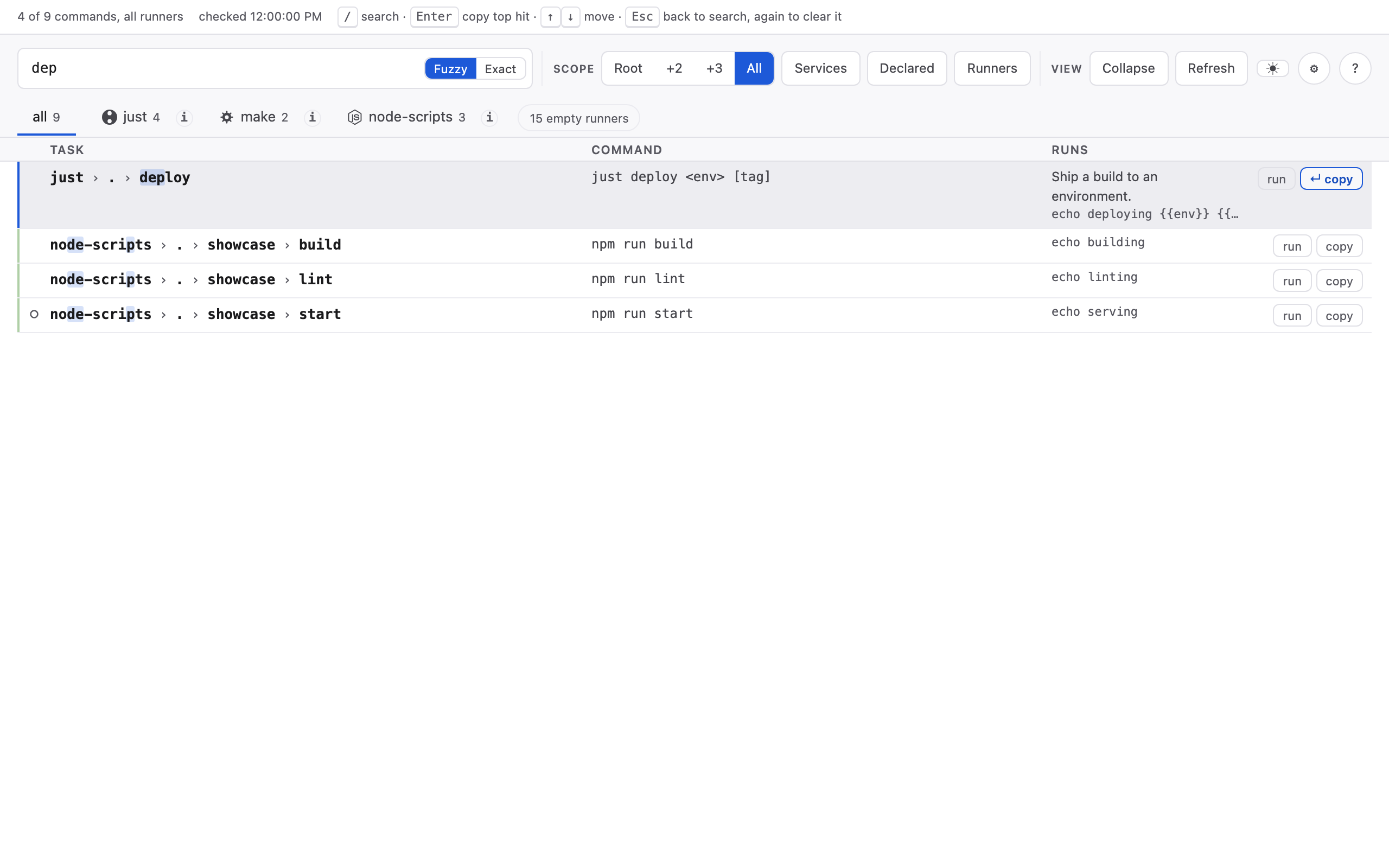 The task list narrowed by the query dep, with the matched characters highlighted in each row