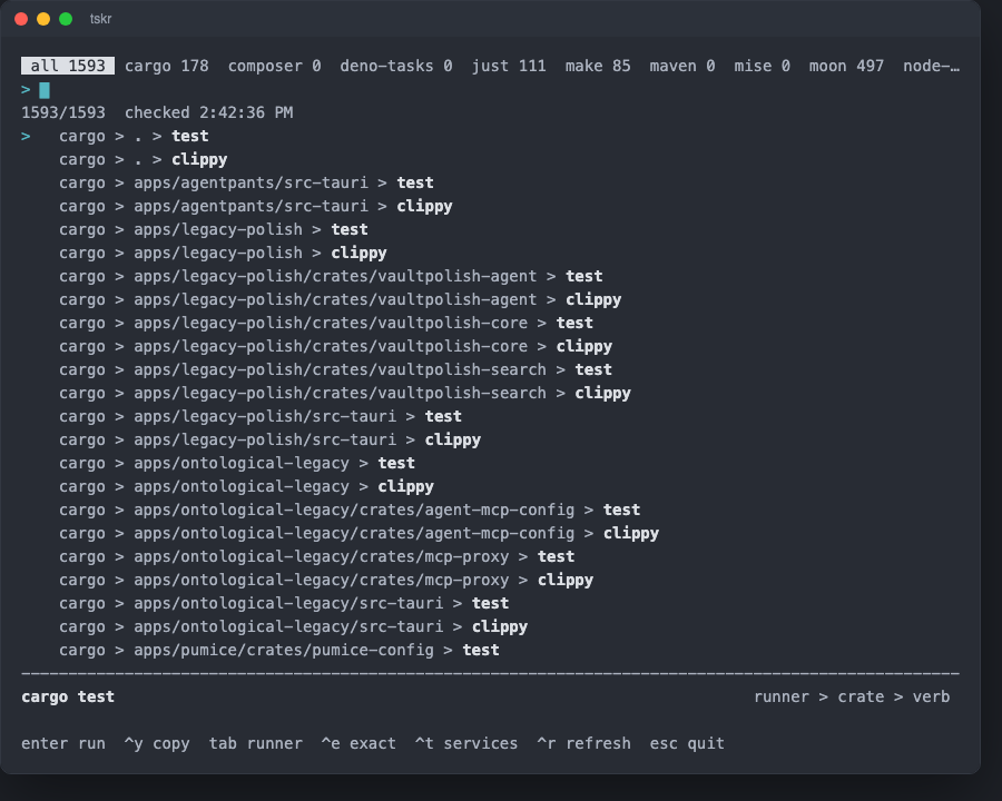 The waypost terminal UI showing a live-collected list of 1,593 tasks across cargo, just, make, moon and other runners, with the run keymap footer.