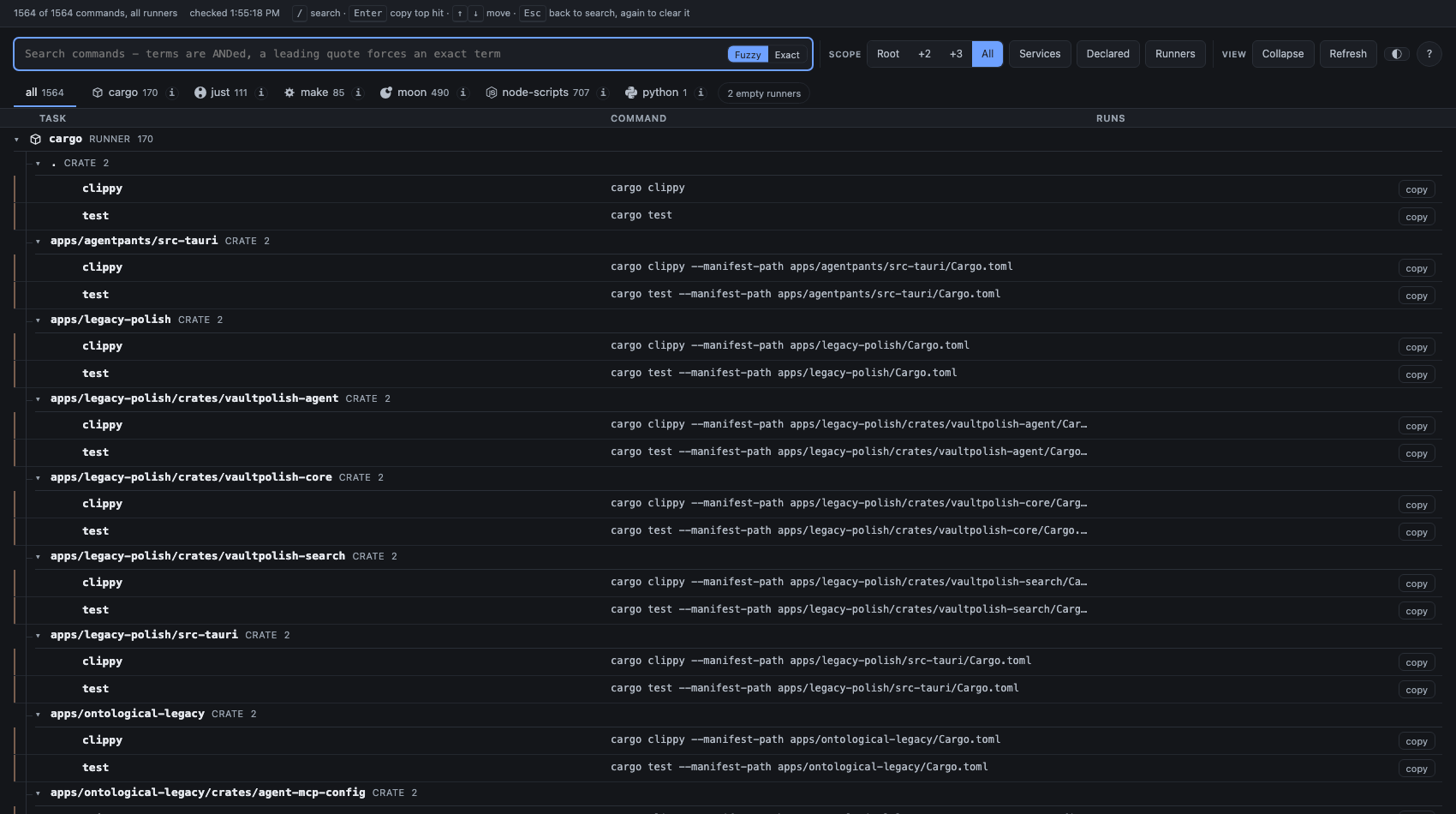 The waypost web view listing every task across cargo, just, make, moon and node-scripts, dark theme