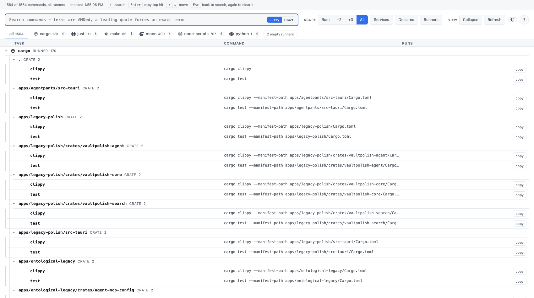 The waypost web view listing every task across cargo, just, make, moon and node-scripts, light theme