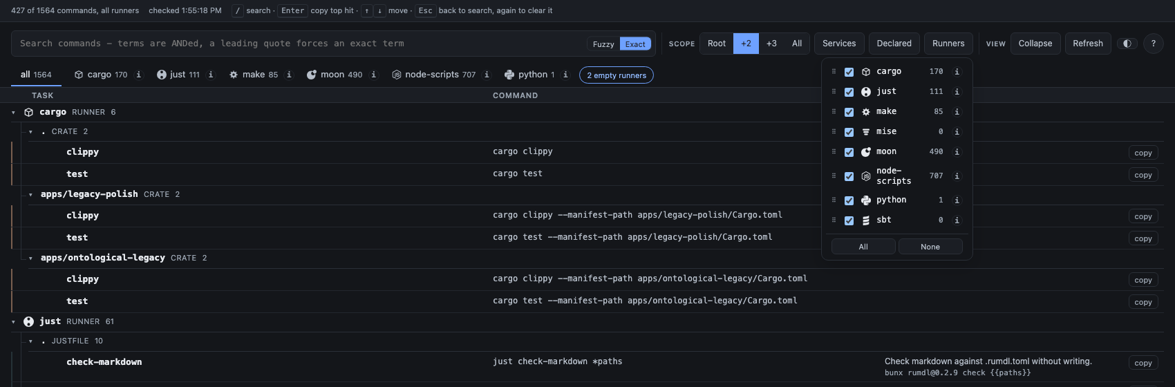 The same tab row in dark mode