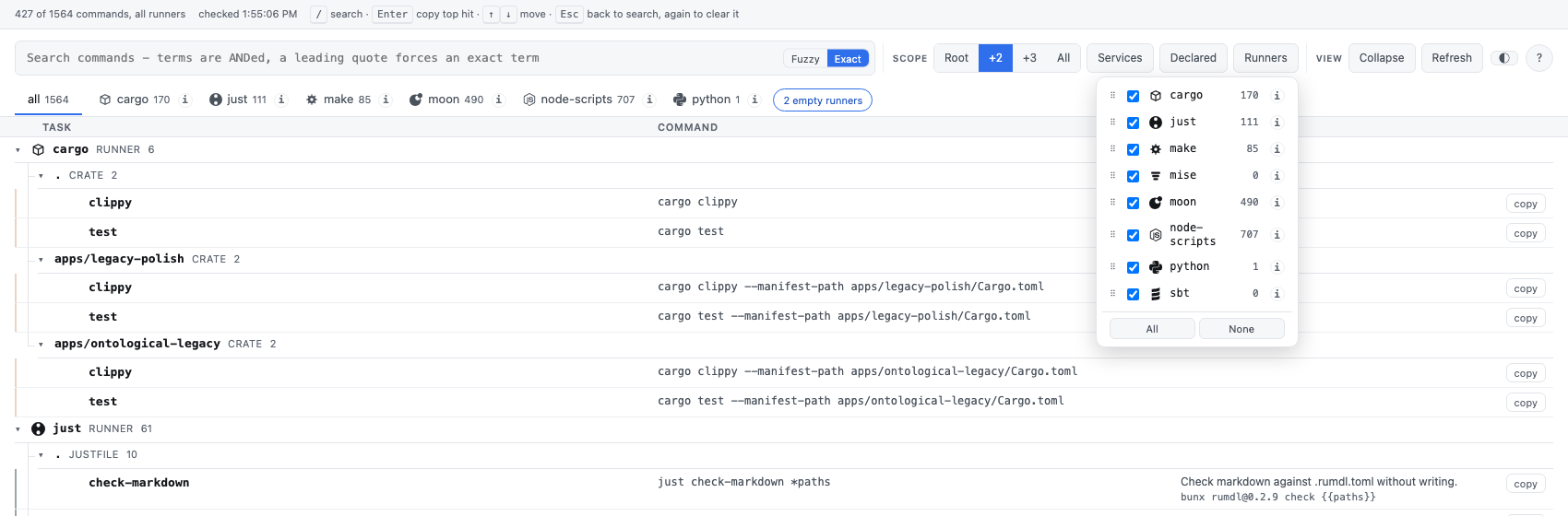 The web view's tab row in light mode, showing a tab per runner plus a folded chip for empty runners